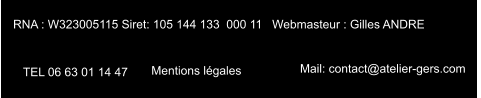RNA : W323005115 Siret: 105 144 133  000 11   Webmasteur : Gilles ANDRE    TEL 06 63 01 14 47  Mentions légales    Mail: contact@atelier-gers.com